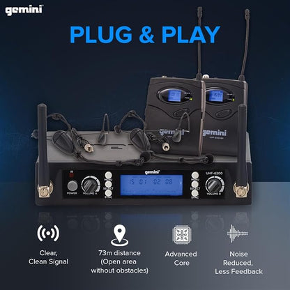 Gemini Sound UHF-6200HL Wireless Mic System – UHF Receiver with 256 Selectable Frequencies, Dual Headset & Lavalier Mics, 240ft Range, LCD Display, Noise-Free Audio for Performers & Instructors