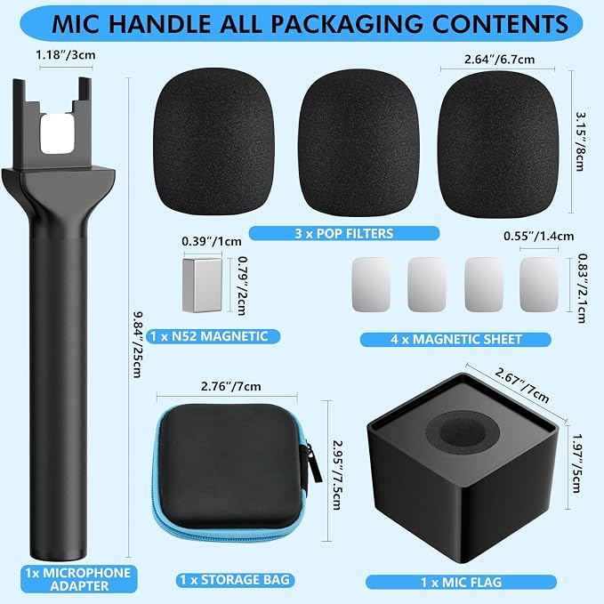 Mic Handle for DJI/DJI Mini/3, Microphone Holder for Rode Wireless GO/Hollyland Lark/Lavalier Mic, Universal Magnetic Mic Stand, Mic Holder with 3 Pop Filter for Vlogging, Interview, Podcast, Reports