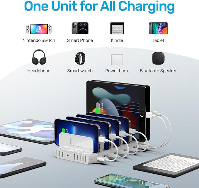 【5PCS】 Unitek Multi Charging Station, 10-Port USB Charger for Multiple Device with SmartIC Tech and Adjustable Dividers, Organizer Stand Compatible with iPad, Tablet, Kindle, iPhone - 5PCS, White