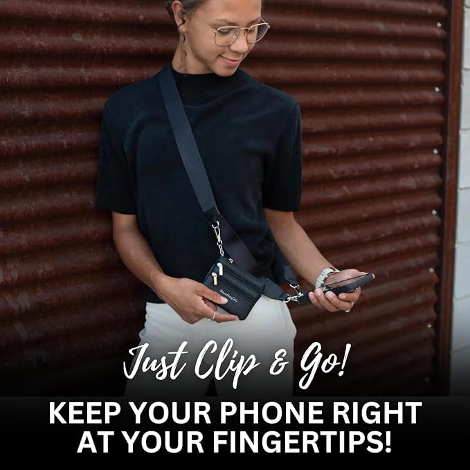 Save the Girls Clip and Go Phone Strap Solid (Black - Black Pouch) - Crossbody Phone Strap Chain with Zipper Wallet Pouch – Phone Lanyard