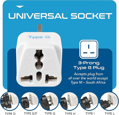 Ceptics UK, Hong Kong, Ireland, UAE Travel Plug Adapter (Type G) - 3 Pack [Grounded & Universal] (GP-7-3PK), White, Standard | UK Travel Plug Adapter, UK Adapter for Ireland, UAE & Hong Kong, Type G Adapter for Travel for US Travelers