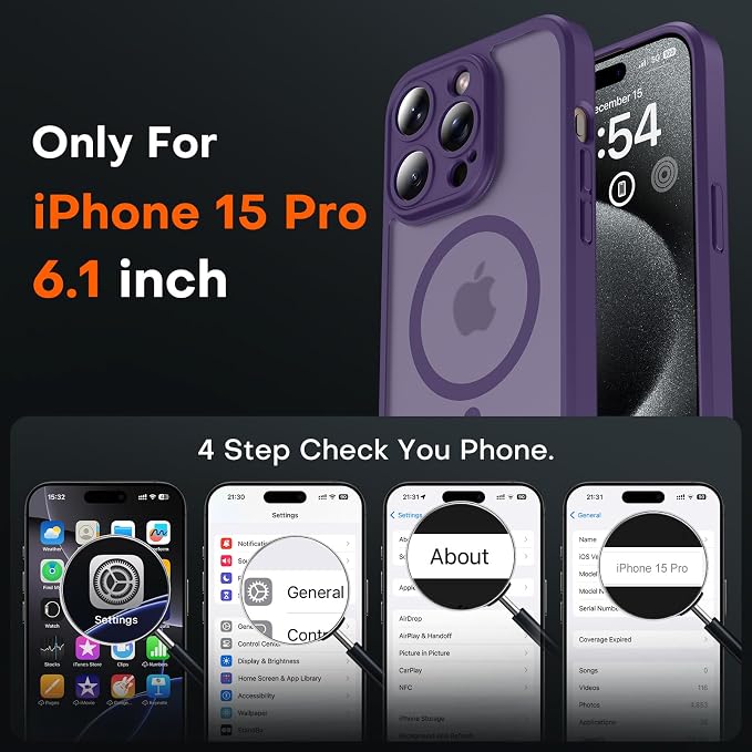 TOCOL for Phone 15 Pro Case, Compatible with Magsafe Charger, Full Camera Protection, Drop Protection, Translucent Matte Phone Case for iPhone 15 Pro 6.1 inch (Midnight Purple)