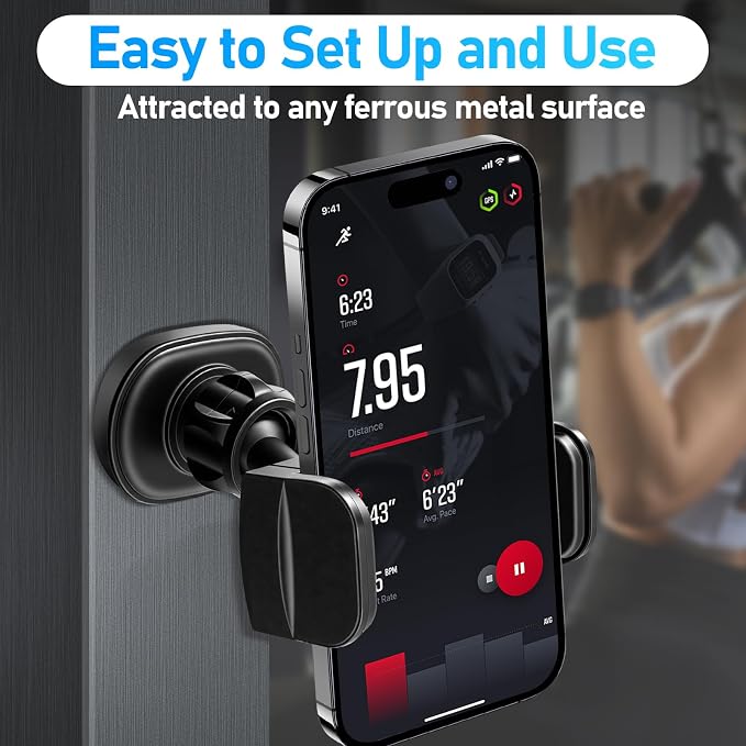 Gym Phone Holder 360 Rotation Golf Cart Phone Mount Magnet Phone Holder for Gym Fit 4.7-7 Inch Smartphone Gym Accessories for Women Men (Curved clamp Head Double Magnetic Attraction Type)