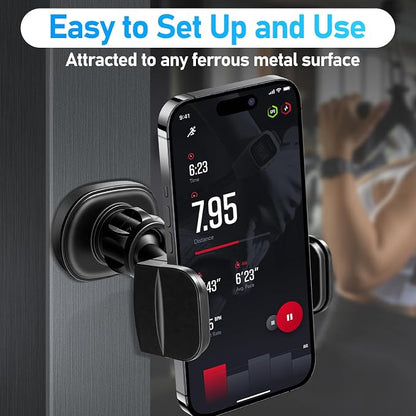 Gym Phone Holder 360 Rotation Golf Cart Phone Mount Magnet Phone Holder for Gym Fit 4.7-7 Inch Smartphone Gym Accessories for Women Men (Curved clamp Head Double Magnetic Attraction Type)