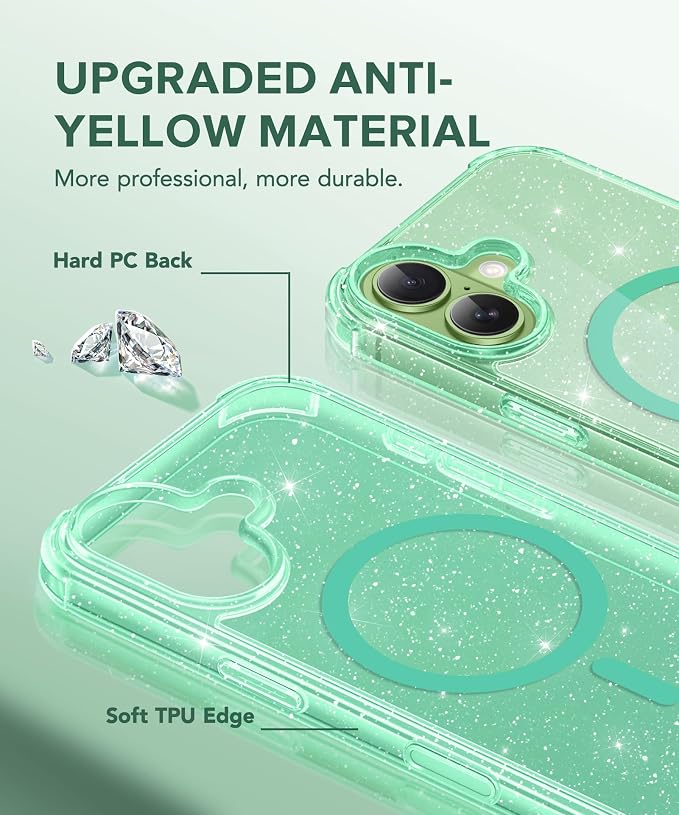BERFY for iPhone 17 Case for Women, Clear Glitter Shockproof Protective Case, Anti-Yellowing, with Screen Protector & Camera Lens Protector 6.3", Magnetic Sparkle Green