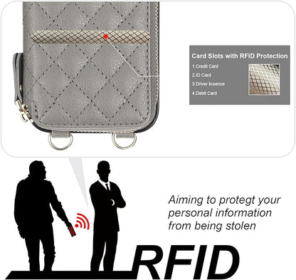 Bocasal Crossbody Wallet Case for iPhone 15 Pro, RFID Blocking PU Leather Zipper Handbag Purse Flip Cover, Kickstand Folio Case with Card Slots Holder Wrist Strap Lanyard 5G 6.1 Inch (Grey)