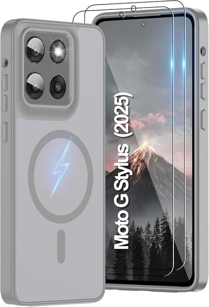 For Motorola Moto g Stylus 2025 Case [Compatible with Magsafe] Translucent Matte Magnetic Phone Case,Slim Thin Duty Shockproof Protection Cover with 2pc HD Screen Protector for Moto G Stylus 2025-Gray