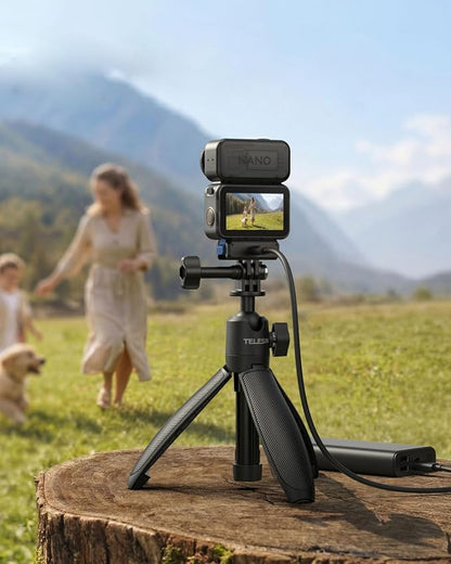 TELESIN Mini Selfie Stick & Magnetic Quick-Release Charging Adapter Mount for DJI Osmo Nano/Xtra Atto, 2-in-1 360° Adjustable Vlog Tripod with 1/4" Screw Hole Foldable Base, Anti-Slip Handle Grip