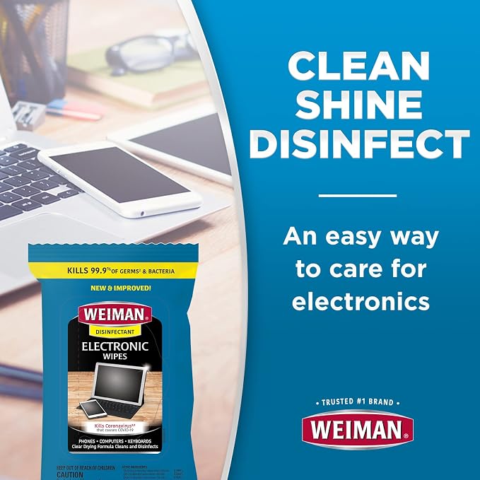 Weiman Electronic Disinfecting Wipes- 2 Pack - Safely Clean Your Laptop, Computer, TV, Screen Equipment-Electronic Cleaner Wipes-15 Count
