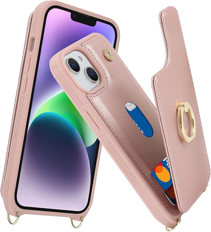 Lipvina for iPhone 13 Case with Card Holder for Women,Phone Case with Strap,Crossbody Lanyard,RFID Blocking,Ring Stand,Snap Clasp,Cute Wallet Cases for iPhone 13 6.1 inch(Rose Gold)