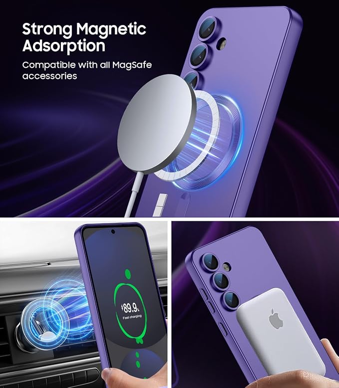 Magnetic for Samsung Galaxy S25 FE Case [Compatible with MagSafe][Built-in Camera Lens Protector] Slim Soft Silicone Bumper Shockproof Metallic Luster Phone Case, Purple