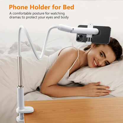 Gooseneck Phone Holder for Bed, Universal Cell Phone Stand with Clamp Mount, 900° Rotation Overhead Phone Mount with Flexible Long Arm for Bedside,Headboard,Desk (43.3 Inches Length)