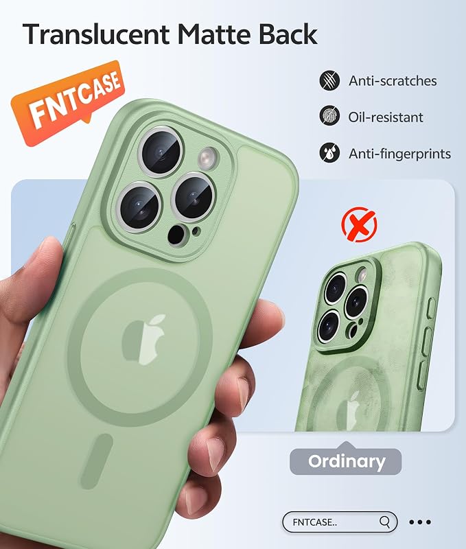 FNTCASE for iPhone 15 Pro Max Case: [Compatible with Magsafe] Translucent Matte Cases with [Full Camera Protection] [Screen Protector] Military Grade Shockproof Protective Phone Cover - Light Moss