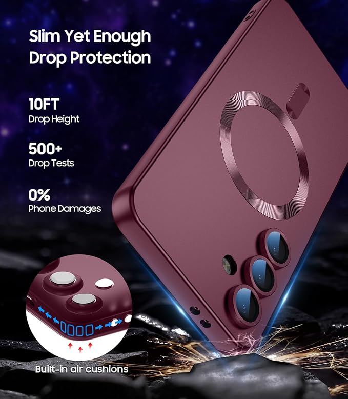 Magnetic for Samsung Galaxy S25 Case [Compatible with MagSafe][Built-in Camera Lens Protector] Slim Soft Silicone Bumper Shockproof Metallic Luster Phone Shell (Burgundy)