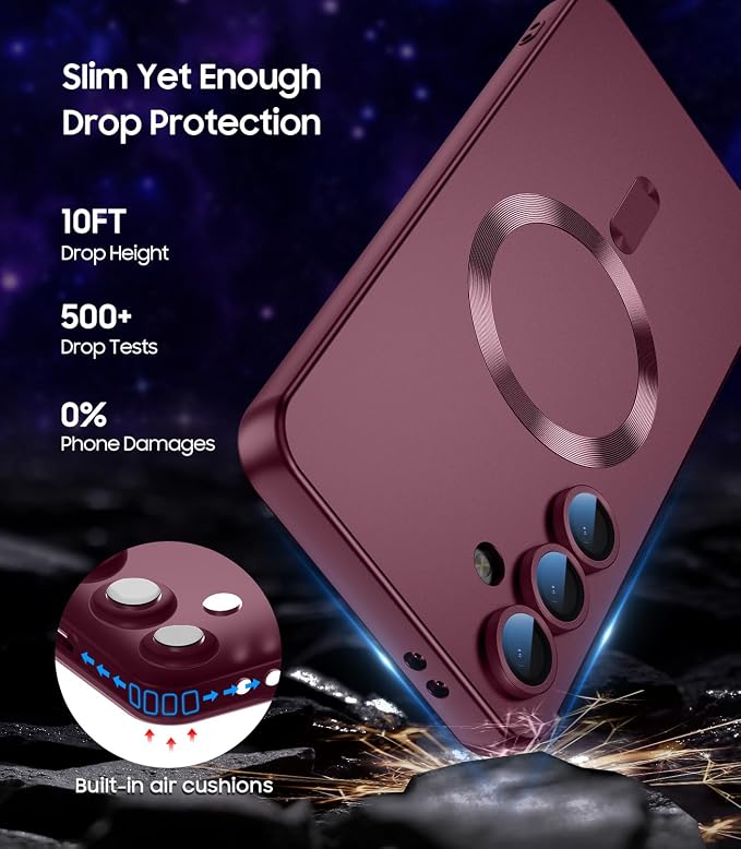 Magnetic for Samsung Galaxy S25 FE Case [Compatible with MagSafe][Built-in Camera Lens Protector] Slim Soft Silicone Bumper Shockproof Metallic Luster Phone Case, Burgundy