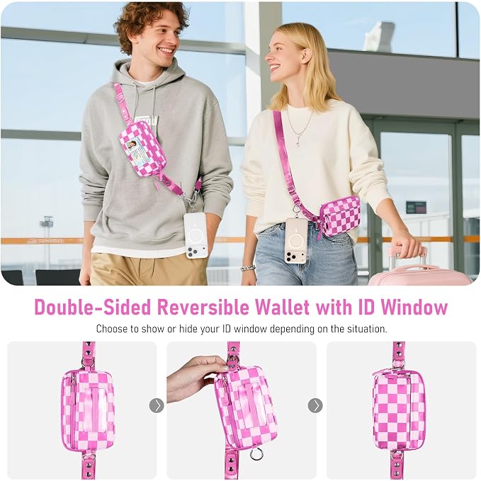 Clip and Go Strap for Phone with Wallet Crossbody Phone Lanyard and Detachable Checkered Bag with ID Window and RFID Pouch for Daily Travel.