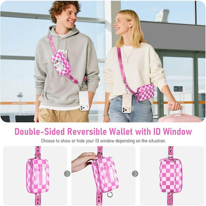 Clip and Go Strap for Phone with Wallet Crossbody Phone Lanyard and Detachable Checkered Bag with ID Window and RFID Pouch for Daily Travel.