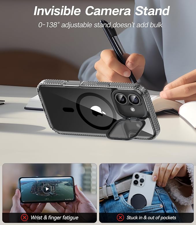 [Upgraded Full Camera Protection] for iPhone 17 Case with Camera Cover Stand [Fit for MagSafe][10FT Mil-Grade Protection] Transparent Magnetic iPhone 17 Phone Case, Clear Black