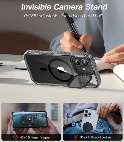[Upgraded Full Camera Protection] for iPhone 17 Case with Camera Cover Stand [Fit for MagSafe][10FT Mil-Grade Protection] Transparent Magnetic iPhone 17 Phone Case, Clear Black