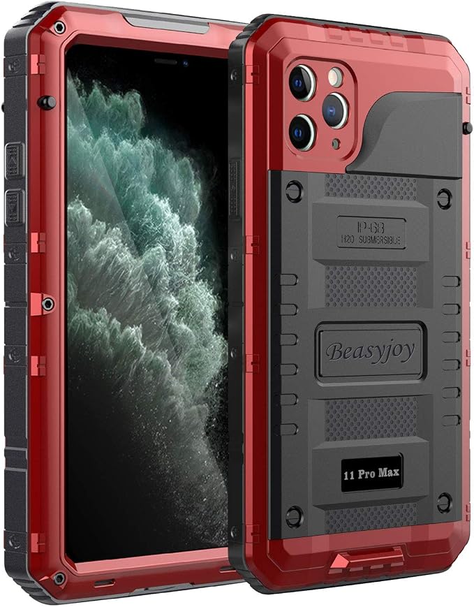 Beasyjoy for iPhone 11 Pro Max Case Waterproof Metal Case Heavy Duty Built-in Screen Full Body Protective Shockproof Military Grade Red