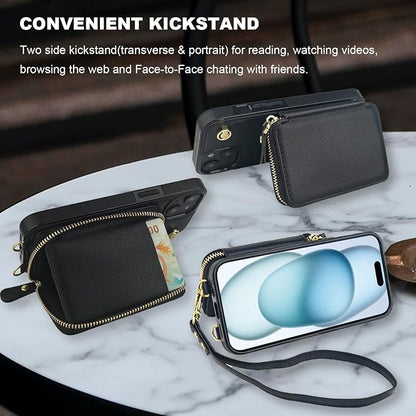 Bocasal for MagSafe Crossbody Wallet Case Compatible with iPhone 15, RFID Blocking Protective Purse Case with Card Slots Holder Kickstand Wrist Strap Lanyard Zipper 6.1 Inch 5G (Black)