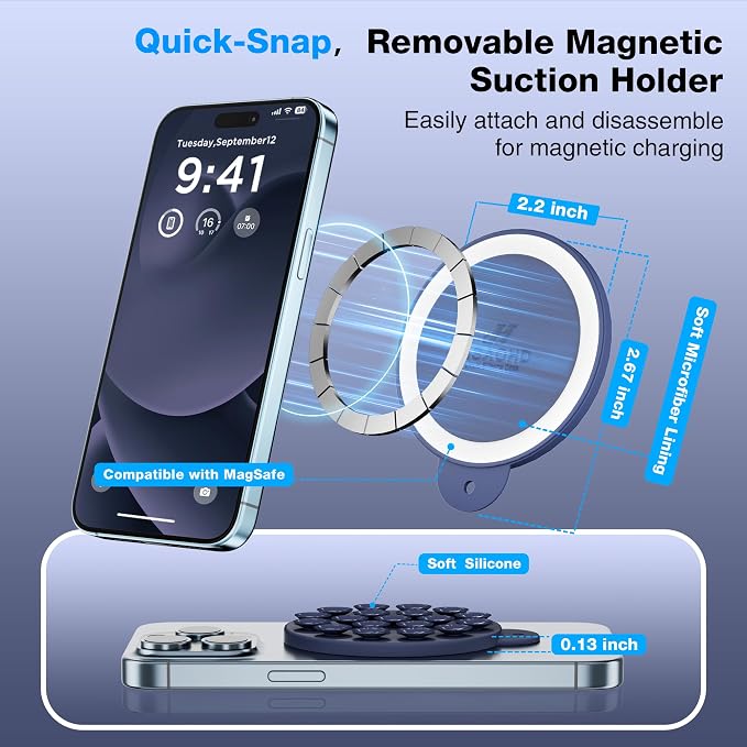 Magnetic Suction Cup Phone Mount with MagSafe, Silicone Hands-Free Grip Holder for iPhone Case and Android, Mirror Shower Phone Stand for Makeup FaceTime Gym Kitchen Bathroom, Midnight Blue