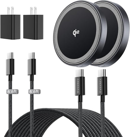 THREEKEY 2 Pack 15W Qi2 Certified Magnetic Wireless Charger 6.6ft Cable, Fast Charging Pad for iPhone 17-12&Airpods Series(20W Adapter Included)