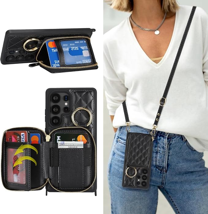 Crossbody Wallet Case for Galaxy S25 Ultra, PU Leather Zipper Handbag Purse Flip Cover, Kickstand Folio Case with Card Slots Holder Wrist Strap Lanyard -Black