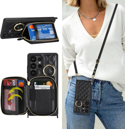 Crossbody Wallet Case for Galaxy S25 Ultra, PU Leather Zipper Handbag Purse Flip Cover, Kickstand Folio Case with Card Slots Holder Wrist Strap Lanyard -Black
