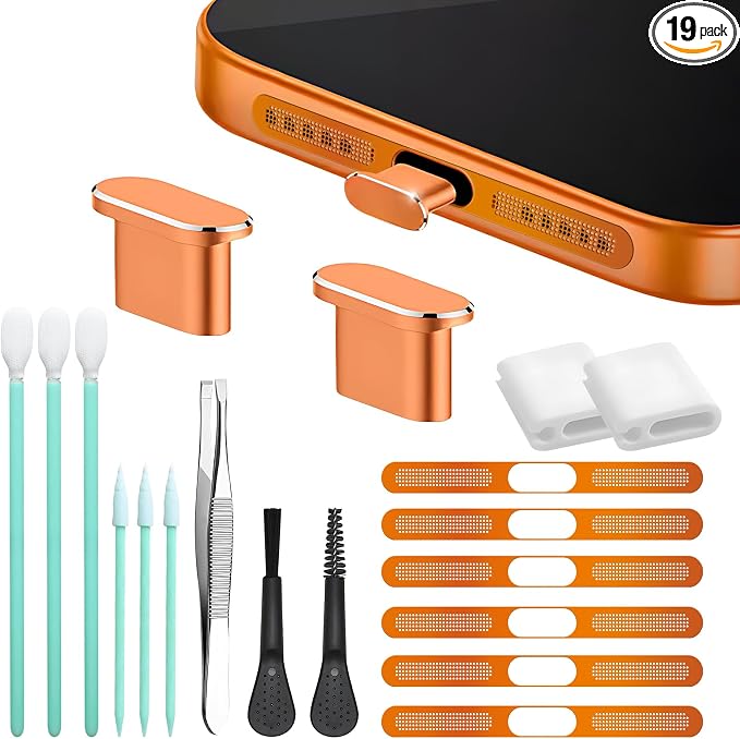 Mobile Phone Speaker Metal Dust Mesh, typeC Charging Port dust Plug, USB C Cleaning Brush Cleaning Tool Set for iPhone 17 Pro (Cosmic Orange)