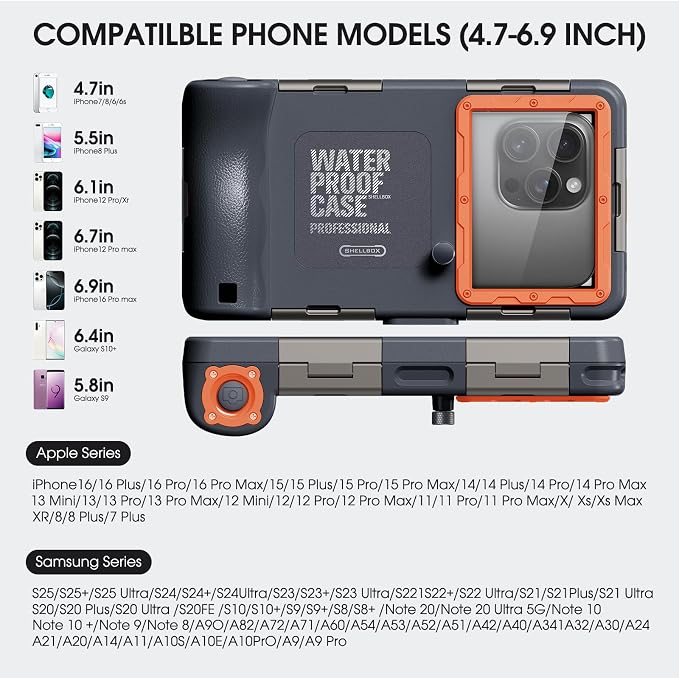 2026Underwater Snorkeling Diving Phone Case for iPhone 16/15/14/13/12/ Pro Max Galaxy S24/S23/S22.[50ft/15m] Professional Scuba Dive Waterproof Case Underwater Photo Video Cover Orange