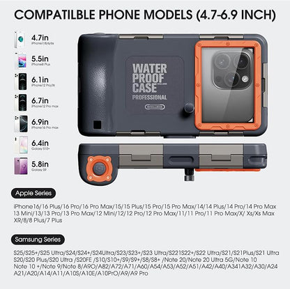 2026Underwater Snorkeling Diving Phone Case for iPhone 16/15/14/13/12/ Pro Max Galaxy S24/S23/S22.[50ft/15m] Professional Scuba Dive Waterproof Case Underwater Photo Video Cover Orange