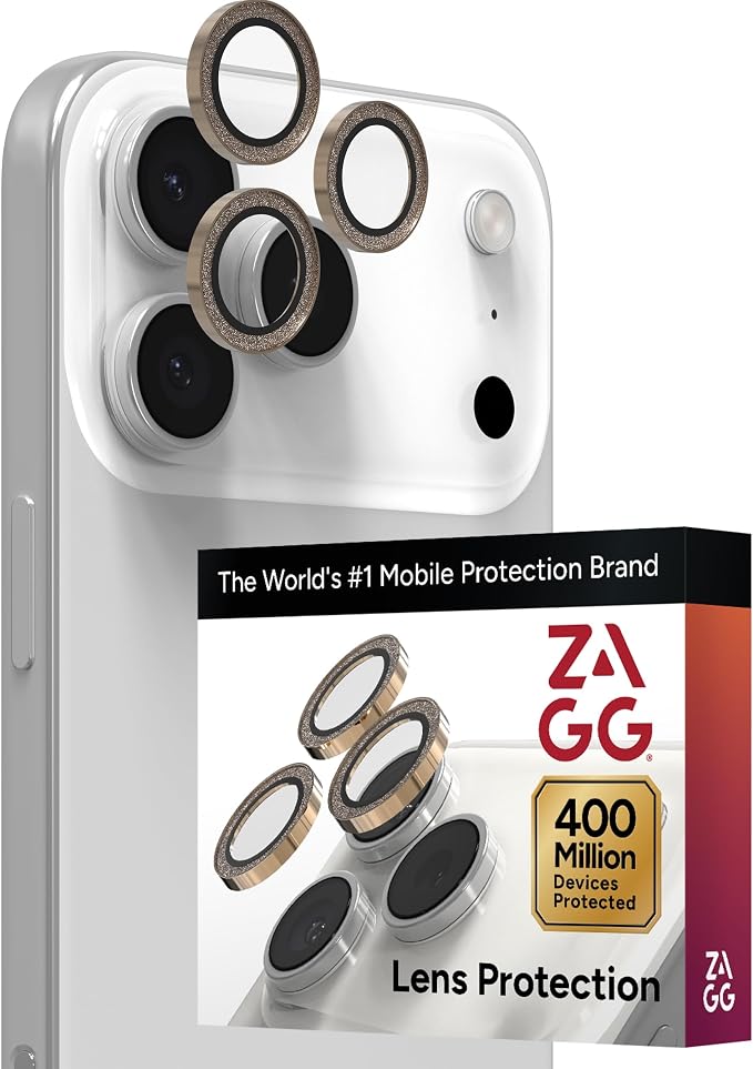 ZAGG iPhone Camera Lens Protector for iPhone 17/16/15 Pro and Pro Max Models - Gold Glitter, Camera Ring, Maximum Impact & Scratch Protection, Anti-Reflective Technology, Glass Elite