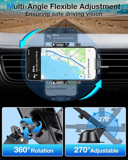 HTU [True Military-Grade] 2025 Upgraded Car Phone Holder 【Safety Certs & No Smell】 Cell Phone Holder for Car Mount for Dashboard Windshield Air Vent Long Arm Thick Case,Navy Blue