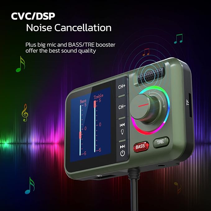 Nulaxy Bluetooth FM Transmitter for Car, Wireless Car Bluetooth Adapter with Big Color Screen, Support QC3.0 Fast Charging, Hands-Free Call, MP3 Music Player BASS&TRE Booster, TF Card AUX-KM28 Green