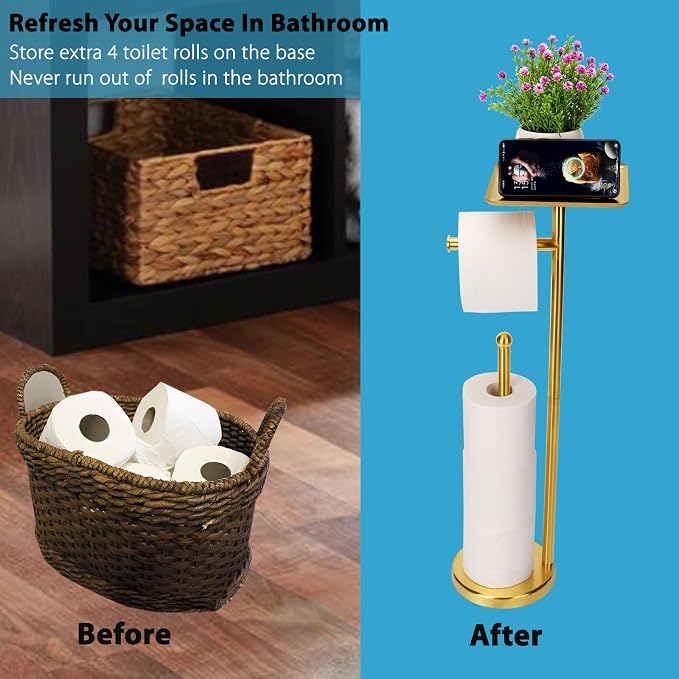 Noonext Gold Toilet Paper Holder Stand, Freestanding Toilet Paper Stand with Tray for Small Items, Toilet Paper Holder with Shelf, Storage Space for 4 Extra Toilet Paper Rolls (Gold)