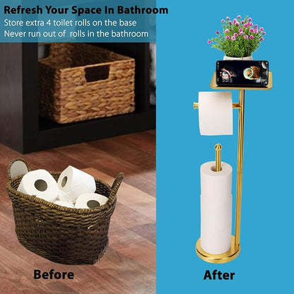 Noonext Gold Toilet Paper Holder Stand, Freestanding Toilet Paper Stand with Tray for Small Items, Toilet Paper Holder with Shelf, Storage Space for 4 Extra Toilet Paper Rolls (Gold)