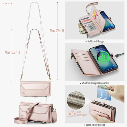Strapurs Wallet Case Compatible with iPhone 17 6.3" RFID Blocking 9-Card Holder Soft PU Leather Magnetic Snap Shoulder Strap Zipper Pocket Phone Case Fit for iPhone 17 for Women - Rose Gold