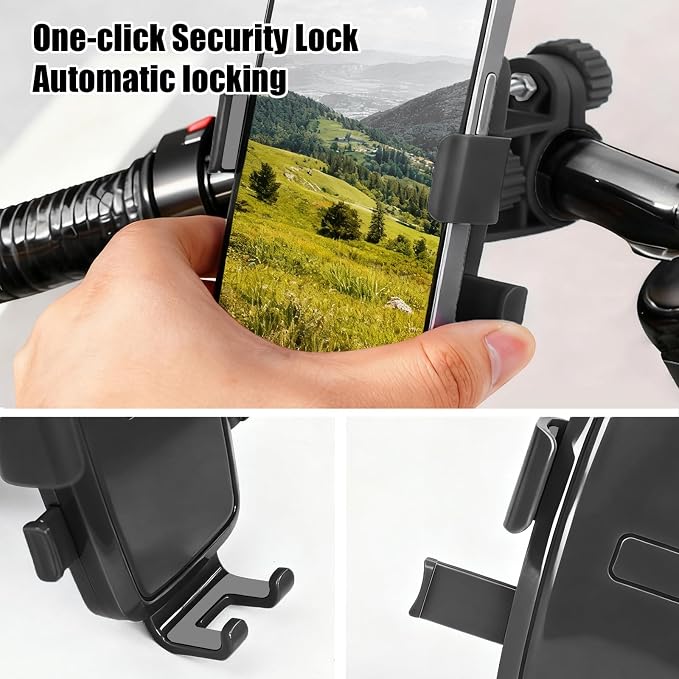 Motorcycle Bike Phone Mount, Bike Cell Phone Holder Clip, Bicycle Scooter Handlebar Clamp, for iPhone 17 16 15 14 Pro Max, Galaxy S25 S24 Ultra, 4.7-7" Phones, Black