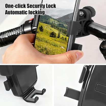 Motorcycle Bike Phone Mount, Bike Cell Phone Holder Clip, Bicycle Scooter Handlebar Clamp, for iPhone 17 16 15 14 Pro Max, Galaxy S25 S24 Ultra, 4.7-7" Phones, Black