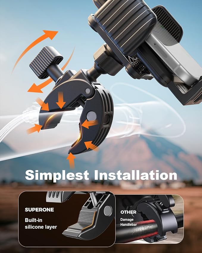SUPERONE Motorcycle Phone Mount Holder, [Dual Vibration Dampener] Bike Phone Holder Handlebar Clamp, [Camera Friendly] Bicycle Scooter Phone Clip, Compatible with iPhone, Samsung, All Cell Phone