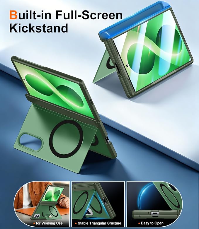 SPIDERCASE Magnetic for Samsung Galaxy Z Fold 8 Case, [Built-in Stable Kickstand] [Rugged Hinge Protection] Military Grade Heavy Duty Drop Protection for Z Fold 8 Durable Cover,Dark Green