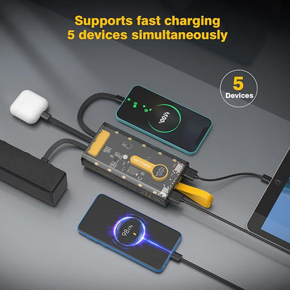 Portable Charger 10000mAh,22.5W Fast Charging Power Bank with Built in Cables,Transparent External Battery Pack with Flashlight,USB C in&out Portable Phone Charger for iPhone Samsung Android Cellphone
