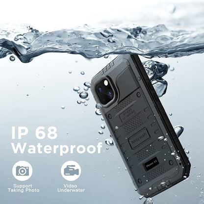 Mitywah Waterproof Case for iPhone 14, Heavy Duty Shockproof Case with Built-in Screen Protector, Full Body Underwater Protective Metal Case 6.1 inch, Black