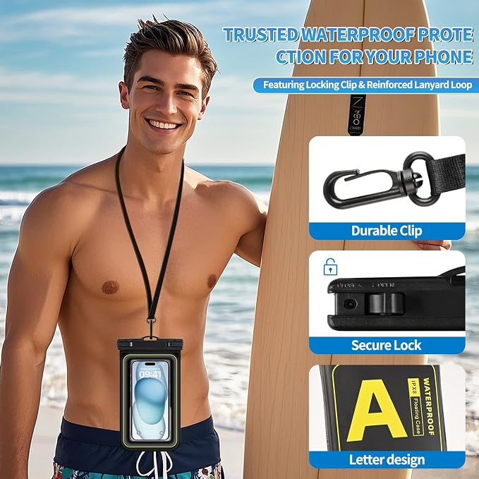 Waterproof Phone Pouch, IPX8 Floating Waterproof Phone Case Fits 7″ Phones, Letter Design Waterproof Bag Cruise Ship Travel Beach Essentials（Black