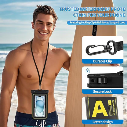 Waterproof Phone Pouch, IPX8 Floating Waterproof Phone Case Fits 7″ Phones, Letter Design Waterproof Bag Cruise Ship Travel Beach Essentials（Black