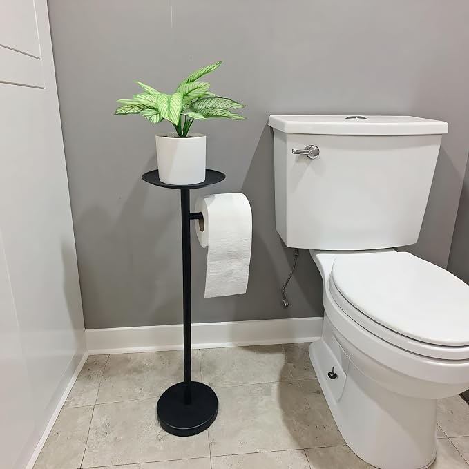 Toilet Paper Holder Stand with Shelf on Top, Black TP Roll Holder Floor Standing, Sturdy Base (Black)