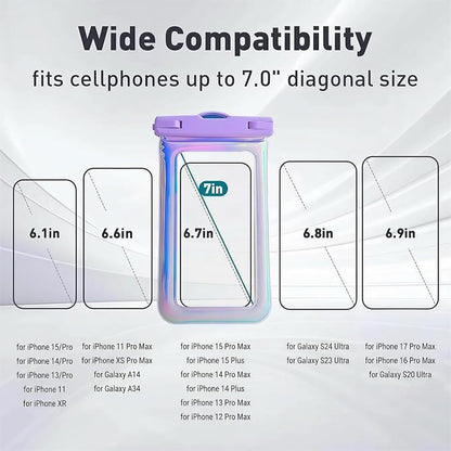 Floatable Waterproof Phone Pouch Case 2 pcs for iPhone 17 16 Pro Max/15/14, IP68 Travel Cellphone Dry Bag Beach Cruise Ship Essential Bag with Crossbody Lanyard, Iridescent Blue and Purple-7″