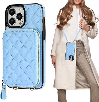 Bocasal Crossbody Wallet Case for iPhone 13 Pro Max, RFID Blocking PU Leather Zipper Handbag Purse Flip Cover, Kickstand Folio Case with Card Slots Holder Wrist Strap Lanyard 5G 6.7 Inch (Blue)