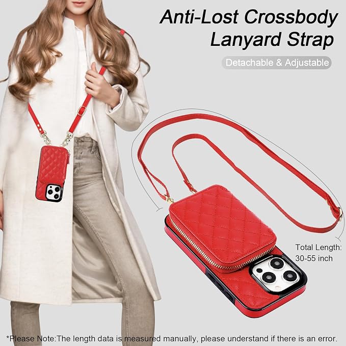 Bocasal Crossbody Wallet Case for iPhone 15 Pro, RFID Blocking PU Leather Zipper Handbag Purse Flip Cover, Kickstand Folio Case with Card Slots Holder Wrist Strap Lanyard 5G 6.1 Inch (Red)